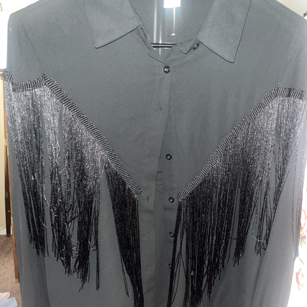 Black Fringe Button-Up Shirt